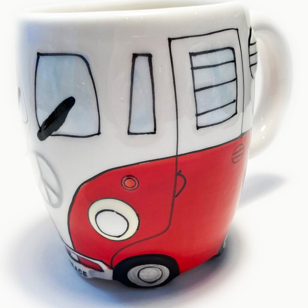 NEW 16 oz Red Retro Hand Painted Hippie Camper Peace Van Ceramic Porcelain Mug